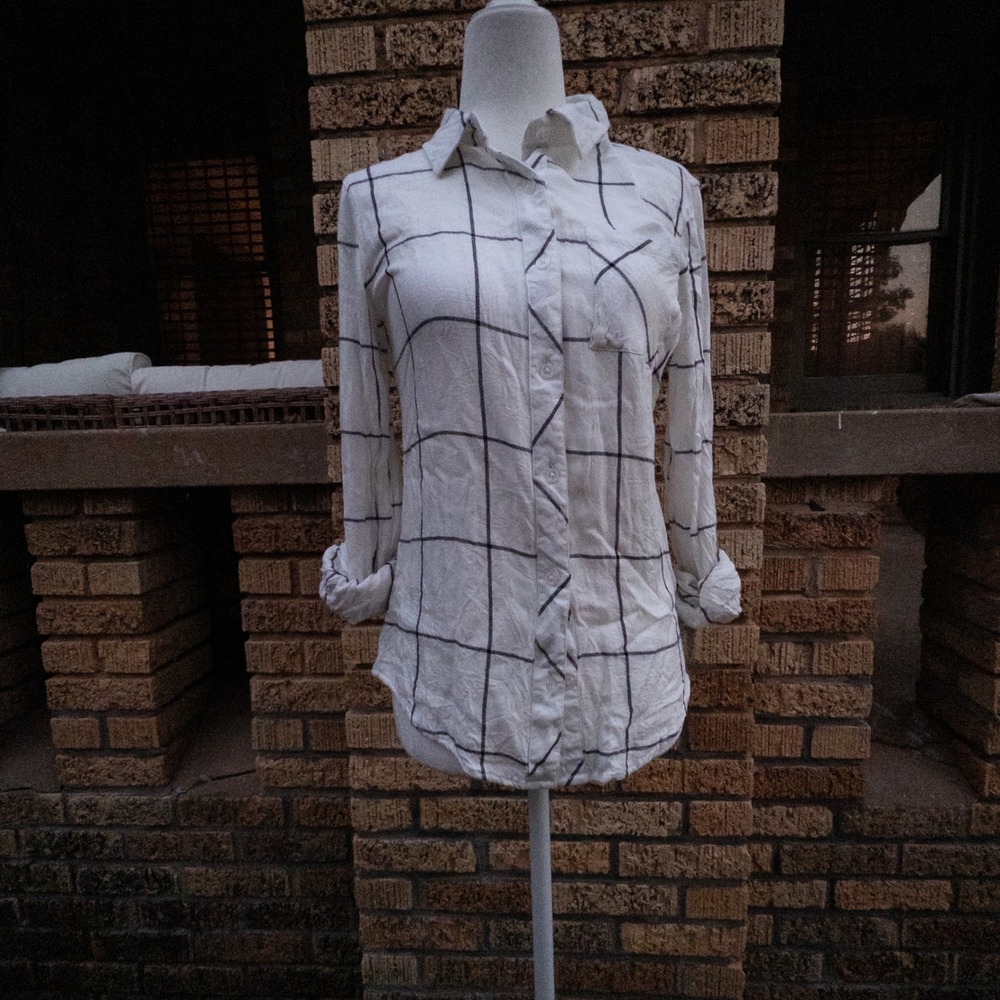 Thread & Supply Womens Small White Navy Grid Windowpane Button Down Shirt Top